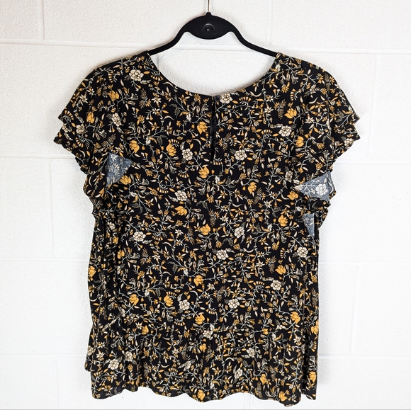 Angels 1X Flowy Ruffle Sleeve Peplum Top Ditsy Floral Mustard Black Blouse - Picture 6 of 10